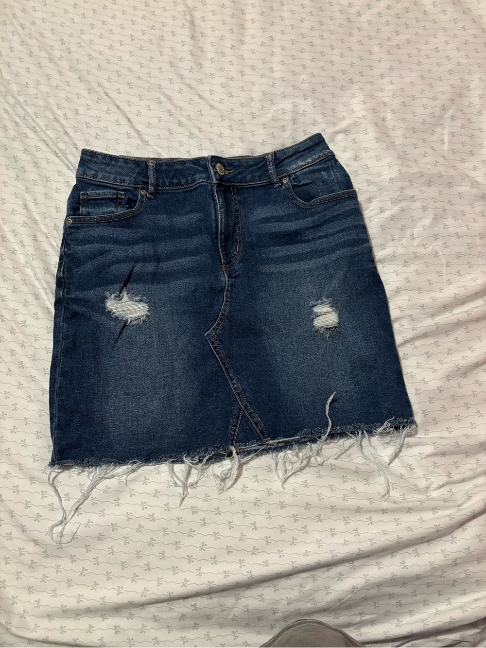 Dark Wash Distressed Denim Skirt